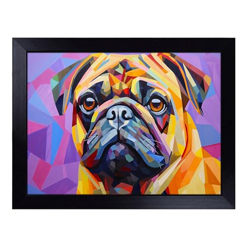 Lap Tray with Bean Bag Cushion, Pug Geometric - Handmade in the UK, Raised Wooden Edge, Padded Cushion, Heat-Resistant Wipe-Clean Surface, for Meals, Laptops and Crafts