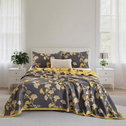 Purefair 100% Cotton Muslin Jacquard 2 Piece Quilt Set Floral Ginkgo Leaf Print, Soft 3 Layers Gauze Bed Cover Reversible Bedspread Coverlet Breathable Lightweight Bedding Set, Twin