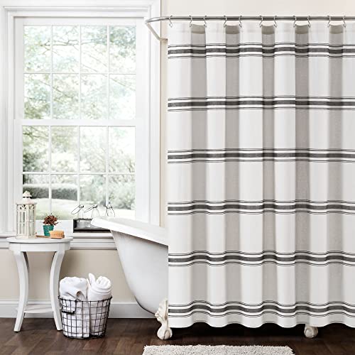 "Lush Decor Farmhouse Stripe Cotton Shower Curtain, 72"" W x 72"" L, Black - Classic Modern Rustic Charm Bathroom Decor"