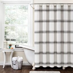 "Lush Decor Farmhouse Stripe Cotton Shower Curtain, 72"" W x 72"" L, Black - Classic Modern Rustic Charm Bathroom Decor"