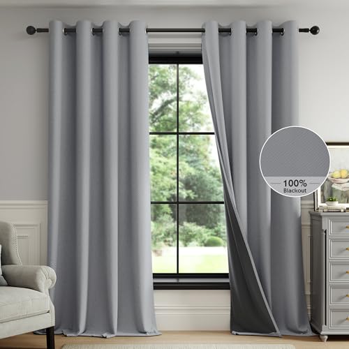 FMFUNCTEX 100% Blackout Dark Grey Curtains 108 Inch Grommet Drapes 2 Panels - Black out Drapes, Thermal Insulated Noise Reducing, Textured Weave, Room Darkening, Window Curtain, for Living Room,Grommet