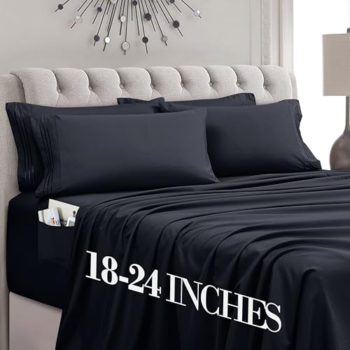 Mocassi Luxury 6-Piece Sheet Set, Ultra Soft 1800 Premium Hotel Quality Microfiber Sheet Set, Fits Mattresses Up to 18 to 24 Inches Extra Deep Pocket - Breathable and Secure Fit, King, Black