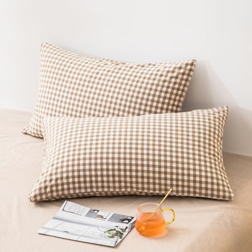 "mixinni Beige Plaid Washed Cotton Pillowcases Set of 2 - King Size 20""x36"" Farmhouse Pillow Shams with Envelope Closure, Ultra-Soft"