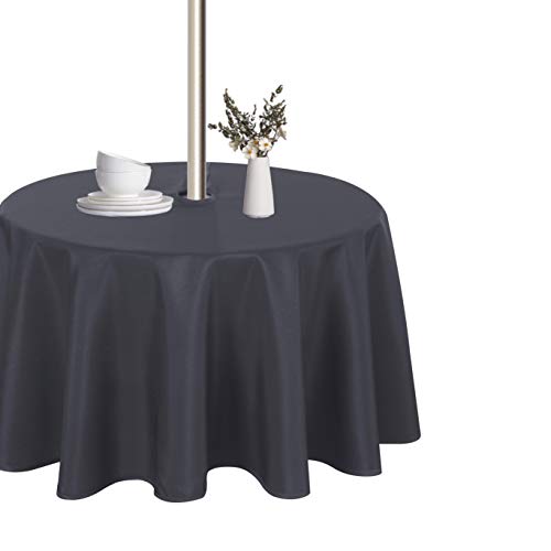 LUSHVIDA Round Outdoor Tablecloth with Umbrella Hole and Zipper, 60 Inch Grey, Washable Waterproof Table Cloth Spill Proof Wrinkle Free Table Cover for Patio Spring Summer Picnic BBQS