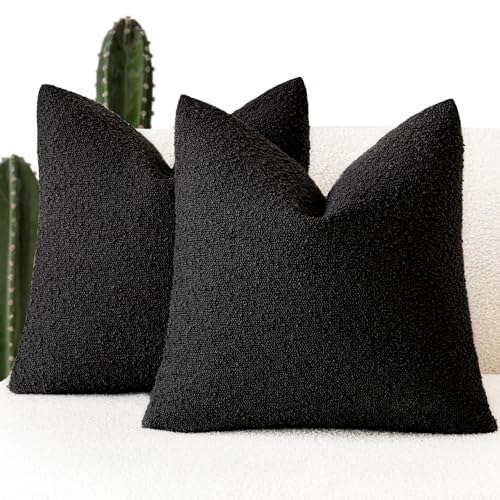 Foindtower Set of 2, Decorative Textured Boucle Throw Pillow Covers Accent Solid Pillow Cases Soft Cozy Couch Cushion Case for Chair Sofa Bedroom Living Room Home Decor 22 x 22 Inch Black