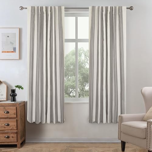 DriftAway Chris Linen Blackout Curtains with Thermal and Sound Reducing Layer 63 Inches Long for Bedroom Striped Printed Drapes Thermal Insulated Lined Window Treatments for Living Room Linen Gray