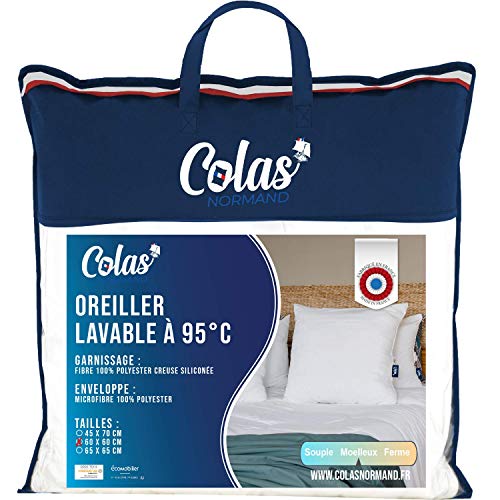 Colas Normand Pillow Washable at 95°C, Soft, Comfortable, Washable, 60 x 60 cm, Microfibre, White