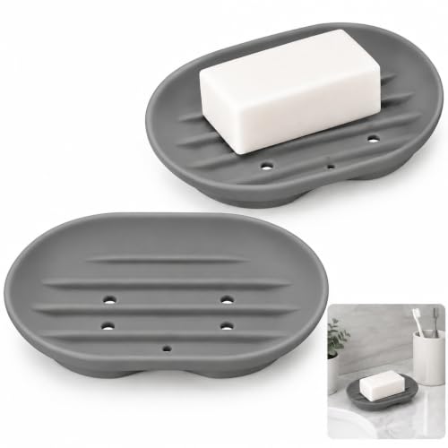2Pcs Oval Silicone Soap Dish, Self???Draining Anti???Slip Soap Holder, Flexible Soap Tray for Shower Bathroom Kitchen, Keep Bar Soap Dry, Easy to Clean (Grey)