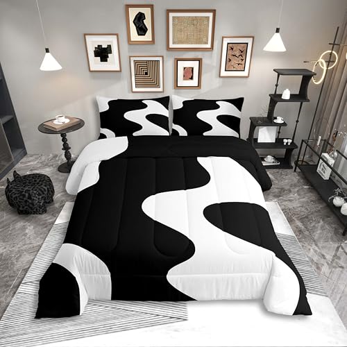 Erosebridal White and Black Abstract Twin Bedding Sets for Adult Women Men Boho Geometric Striped Comforter Set Minimalist Geometry Modern Art Quilt Duvet Set Simple Aesthetic Modern Bed Collections