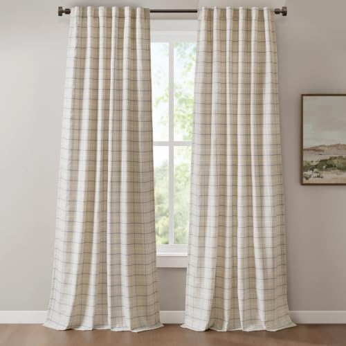 "Madison Park Window Curtain for Living Room Thermal Insulated Fleece Lining, Cabin Plaid Curtain Room Darkening Window Drapes Bedroom, Anaheim, 1-Single Panel Pack, 50"" x 108"" Rod Pocket, Linen Blue"