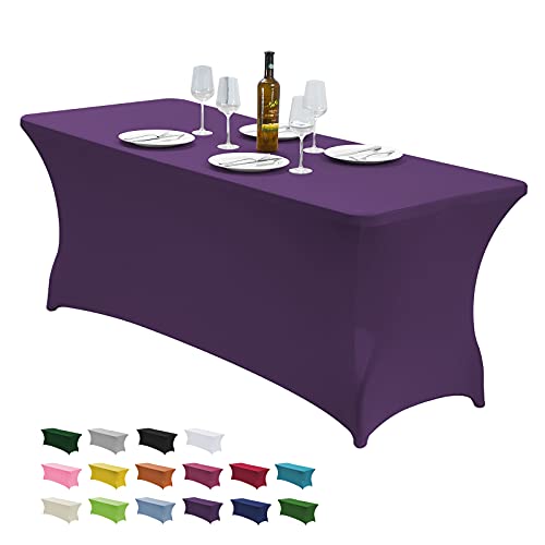 "CWK 4FT Spandex Fitted Tablecloth,Rectangular Table Cover,Dark Purple - Fits 48x30"" rectangular folding tables.Wrinkle & stain resistant stretch fabric.Ideal for parties,weddings & vendor events"
