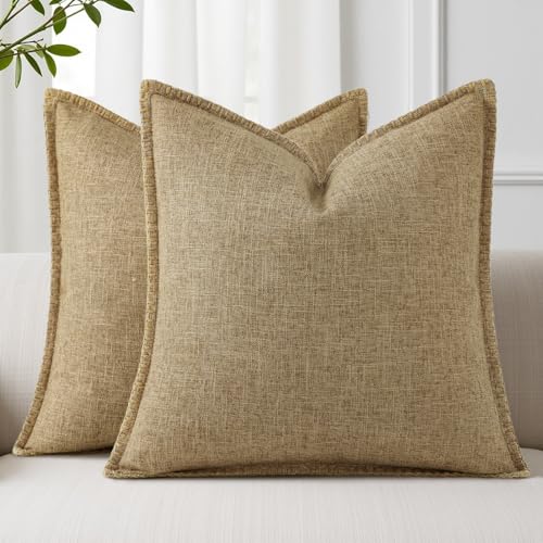 decorUhome Decorative Outdoor Throw Pillow Covers 16x16 Set of 2, Square Linen Farmhouse Euro Pillow Covers with Stitched Edge, Rustic Neutral Pillow Covers for Couch, Sofa, Living Room, Khaki