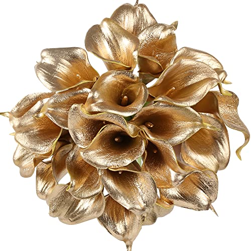IPOPU Gold Flowers, 24pcs Gold Calla Lilies Artificial Flowers for Decoration for DIY Wedding Bouquets Centerpieces Bridal Shower Party Home Flower Arrangement Decorations (Golden)