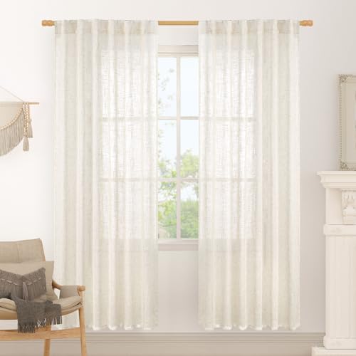 LAMIT Ivory White Linen Boho Curtains 80 inch Length 2 Panels, Light Filtering Semi Sheer Panels Back Tab and Rod Pocket Neutral Panels for Bedroom/Living Room, 52 x 80 Inch