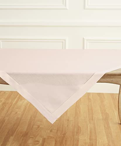Solino Home 100% Pure Linen Table Cloth, Throw Pink Hemstitch, 52 x 52 in - Classic Hemstitch Table Throw For Halloween Dining, Home Decor, Indoor & Outdoor Use, Parties, Gifting, Machine Washable