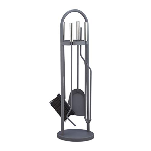 Relaxdays Modern Fireplace Companion Set, 5-Piece Tool Set with Shovel, Broom, Tongs, Poker & Rack, Gray