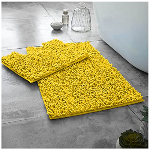GC GAVENO CAVAILIA Soft Bath Mat Sets For Bathroom - 2 Piece Bath Mat Non Slip Back - Highly Water Absorbent & Fast Drying 100% Microfiber Chenille Toilet Rug with Pedestal Mat - Ochre