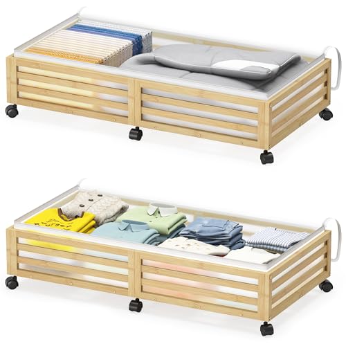 Xadgve Under Bed Storage with Wheels - Large Bamboo Underbed Containers with Dust Bag - Stackable Under Bed Shoe Storage Bins for Clothes, Books, Bedding and Toys - Space Saving