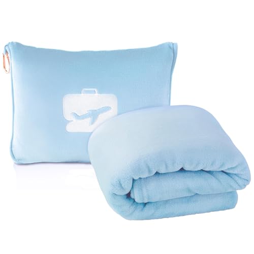 EverSnug Travel Blanket and Pillow - Premium Soft 2 in 1 Airplane Blanket with Soft Bag Pillowcase, Hand Luggage Sleeve and Backpack Clip (Ice Blue)