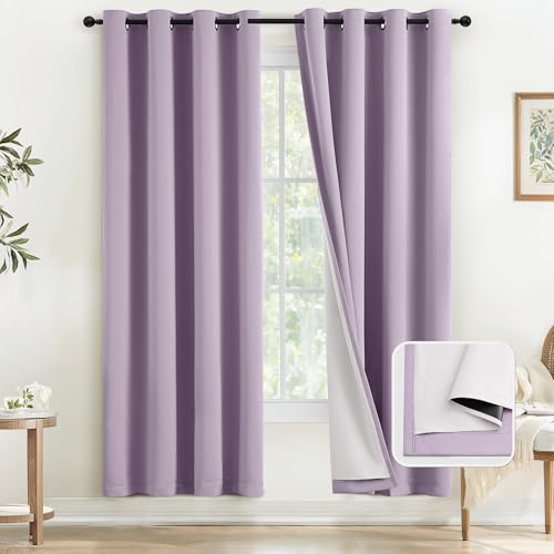 COSVIYA Lilac 100% Blackout Curtains for Bedroom, 2 Thick Layers Full Room Darkening Thermal Insulated Grommet Window Drapes with White Back, 52x72 Inch, 2 Panels