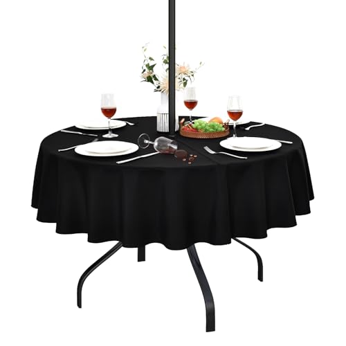 Wolkemer Water Resistant Outdoor Black Tablecloth with Umbrella Hole and Zipper, 60 inch Round Faux Linen Table Cloth Wipeable Patio Table Cover for Picnic Camping Party