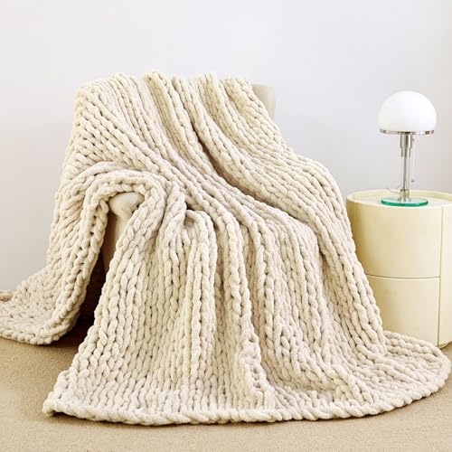 "Admitrack Chunky Knit Blanket Throw 51""x63"", 100% Hand Knit Chenille Throw Blanket for Sofa & Home Decor, Soft and Cozy Knitted Throw Blankets (Ivory，51""x63"")"