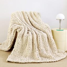 "Admitrack Chunky Knit Blanket Throw 51""x63"", 100% Hand Knit Chenille Throw Blanket for Sofa & Home Decor, Soft and Cozy Knitted Throw Blankets (Ivory???51""x63"")"