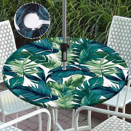 "Puwurak Round Outdoor Tablecloth with Umbrella Hole Zippered Round Fitted Tablecloth with Elastic Palm Leaves Table Cloth Round Cover for Picnic Party Patio (36""-44"")"