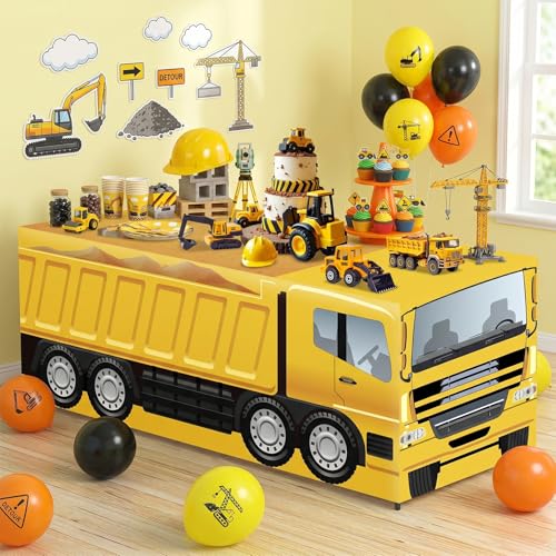 6 Ft Construction Vehicle Tablecloth Decoration Construction Dining Table Cloth Washable Fabric Polyester Rectangle Table Cover Protector for Birthday Baby Shower Truck Theme Dinner Decor Party Favor