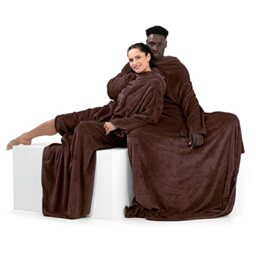 DecoKing Lazy TV Blanket, Microfibre Fleece Blanket with Sleeves, Pockets and Soft Foot Pocket