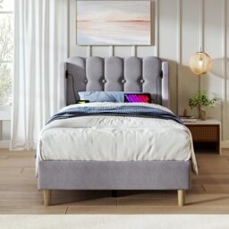 Ball & Cast 3ft Upholstered Single Bed Frame with USB & Type-C Charging Ports,90x190 cm Teenager Bed with Wooden Slatted Frame, Linen Material, Grey - Bed Frame for Bedroom & Guest Room (No Mattress)