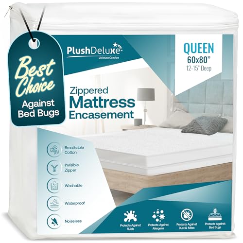 PlushDeluxe Zippered Mattress Encasement, Waterproof, Bed Bug & Dust Mite Proof 6-Sided Protector Cover, (Fits 9-12 Inches H) Queen Size