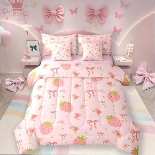 Erosebridal Strawberry Comforter Set 7 Piece Bed in a Bag Twin,Pink Bow Tie Bedding Set,Princess Silk Ribbon Comforter and Sheet Set Cute Bowknot Bed Set,Boho Floral Flowers Pink Kawaii Room Decor