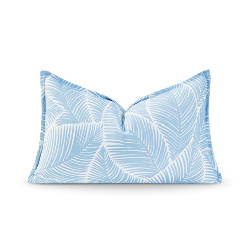 "Hofdeco Premium Coastal Hampton Style Patio Indoor Outdoor Lumbar Pillow Cover Only, 12""x20"" Water Resistant for Backyard, Couch, Baby Blue Palm Leaf"