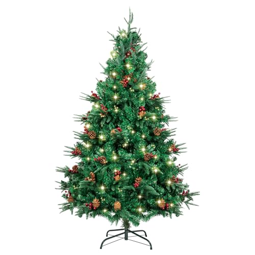 AGM 6ft Christmas Tree with Lights, PVC PE Artificial Christmas Tree with Red Berries and Pine Cones for Indoor Outdoor Christmas Decor
