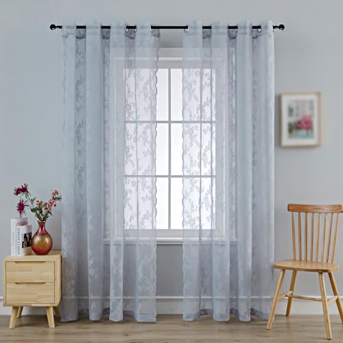Anytime Grey Lace Sheer Curtain Panels for Living Room Elegant Window Treatment Sets Light Filtering Translucent Draperies for Office (2 Panels,W55 x L63inch)