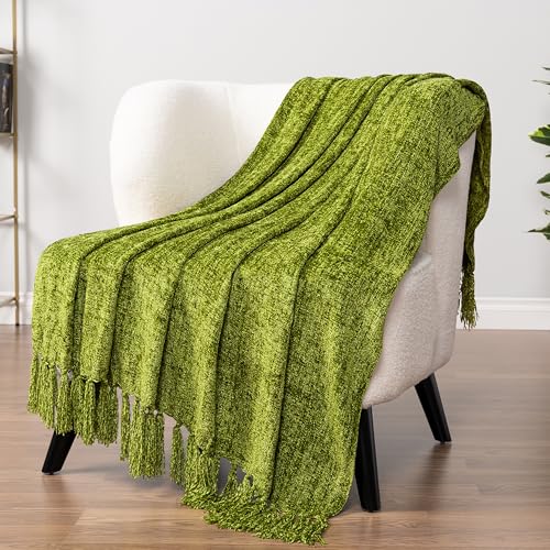 PAVILIA Olive Green Throw Blanket for Couch - Soft Chenille with Tassel for Sofa Bed, Chair, Living Room - 50x60