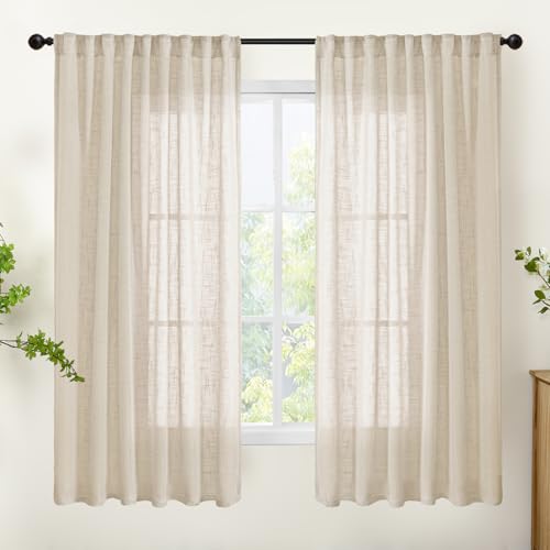 YoungsTex Oatmeal Linen Semi Sheer Curtains 63 Inches Long for Living Room 2 Panels, Light Filtering Window Drapes Natural Textured for Bedroom with Rod Pocket Back Tab, 2 Panels, 52 X 63 Inch