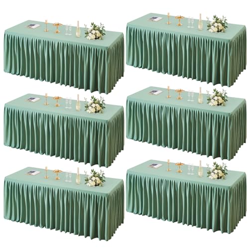 PARTISKY 6 Pack Sage Green Tablecloths for Rectangle Tables 8ft, Wrinkle Resistant Spandex Table Cover Fitted Stretch Table Cloth with Pleated Ruffle Skirts for Party Banquet Dining Birthday Wedding