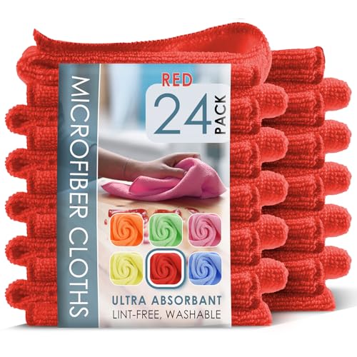 Hearth & Harbor Microfiber Cleaning Cloth, Microfiber Towels for Cars 24 Pack Washcloths, Red Cleaning Rags, Reusable Microfiber Towel, Microfiber Cloth Rags for Cleaning, Lint Free Cloth
