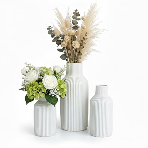 Relaxdays Vases Set of 3, Flower Vases, 3 Sizes, Fresh & Dried Flowers, Ceramic Decor, Table Centrepiece, White
