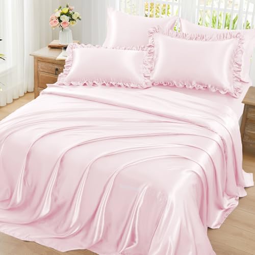 Homiest Ruffled Satin Sheets Twin Size 4pc Set, Blush Pink Silk-Like - Silky Smooth With Pearlescent Finish, 15-Inch Deep Pocket With Ruffled Pillowcases, Gentle On Hair And Skin, Anti-Pilling