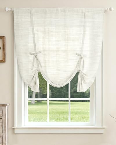 "LazBlinds Tie Up Curtains, Linen Balloon Roman Shade, 25"" W x 47"" L, White - Privacy Thermal Insulated Bathroom Window Curtain, Adjustable Rod Pocket Drape for Kitchen, Living Room, Bedroom"