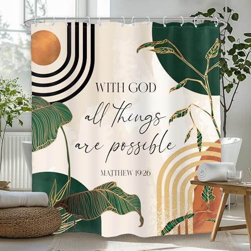 Green Boho Bible Shower Curtain Christian Scripture Bathroom Curtain Set - Verse Inspirational Quotes Abstract Tropical Palm Mid Century 60Wx72L Bathroom Decor Waterproof Fabric with Free Hooks