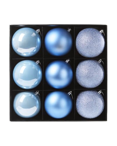 WeRChristmas Set of 9 Ice Blue Shatterproof Christmas Baubles, 10cm - Set of 9 ice blue 10cm shatterproof baubles with 3 shiny, 3 matt and 3 glitter finishes plus gold caps and hanging strings