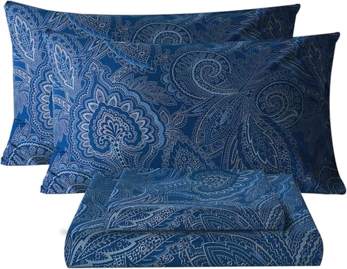 "Bedlifes King Size Extra Deep Pocket Sheet Sets - Fits Mattresses Up to 18-24"" Thick, 4-Piece Microfiber Set with 1800 Thread Count, Soft, Smooth, Breathable, Featuring Paisley Dark Navy Blue"