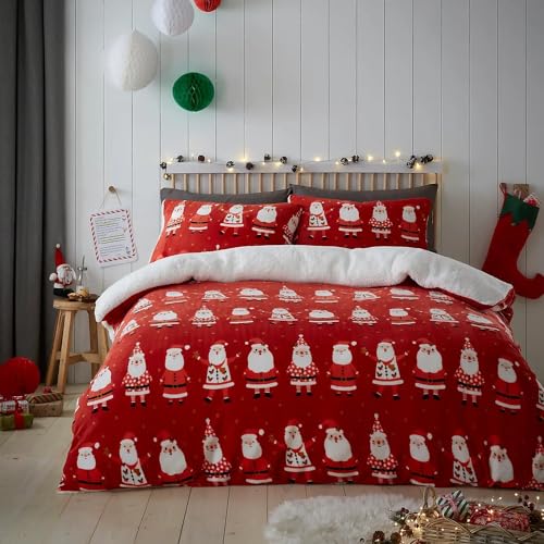 Bedlam Christmas Fleece Duvet Cover Single Bed Teddy Bear Reversible Bedding (140x200cm) – Santa Claus Design – 1 Pillowcase – Red Festive Winter Bedding