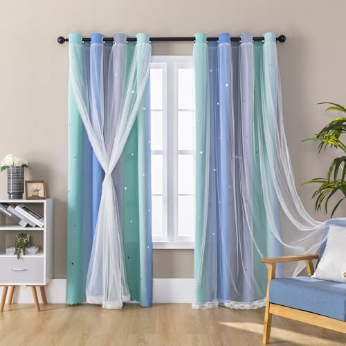 XiDi Blue Green Grey 54 Inches Curtains for Girls Bedroom 2 Panels Set, Blackout Rainbow Curtains for Kids Room Decor, Unicorn Wall Decals Drapes for Little Girl Nursery Room 52 Inches Wide