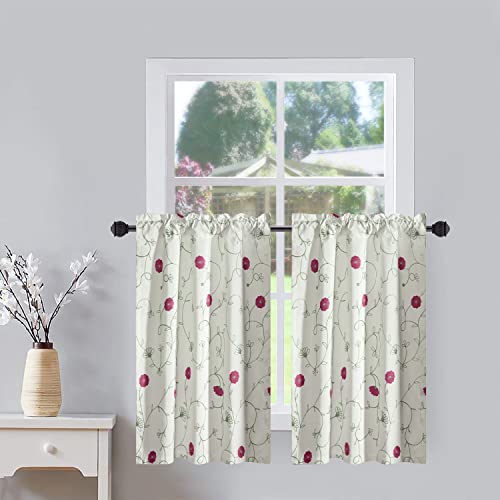 VOGOL Short Tier Curtains for Kitchen Bathroom, Blue Flower Embroidered White Linen Curtain Tiers Rod Pocket Small Curtains for Cafe, W30''XL36'', 2 Panels