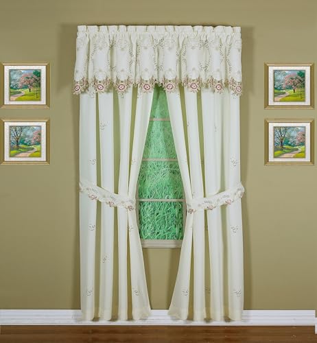 Today's Curtain Verona Reverse Embroidery Window Panel Pair and Tiebacks, 84-Inch, Ecru/Rose